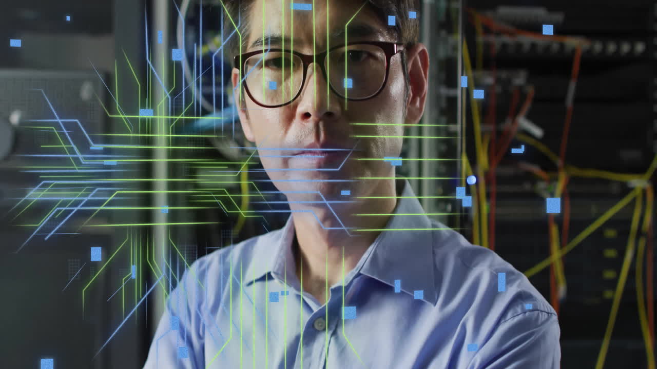 animación de la placa de circuitos y procesamiento de datos sobre ingeniero informático asiático por servidores informáticos