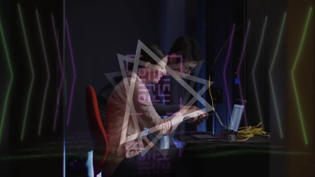 Animation of qr code over diverse couple using laptop in server room