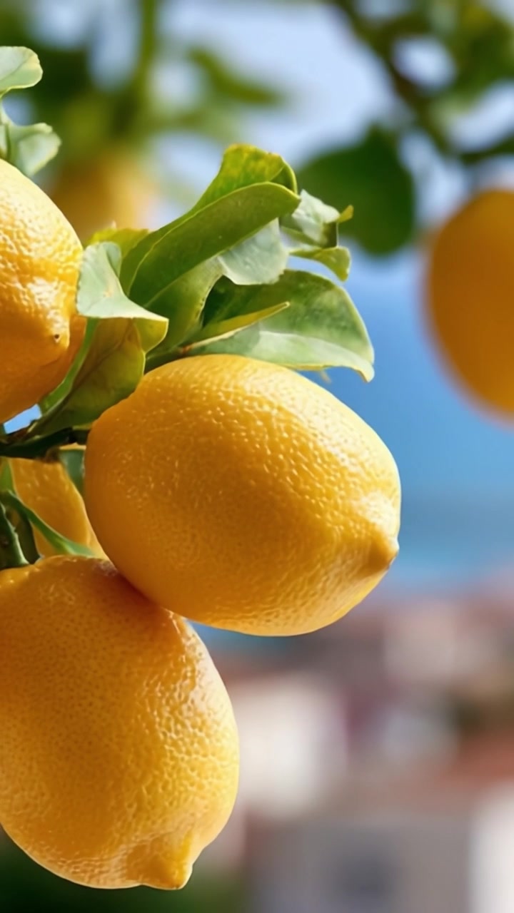 Limoni gialli vivaci appesi a rigogliosi rami verdi con uno sfondo sfocato, mettendo in mostra la freschezza e la bellezza naturale degli agrumi.