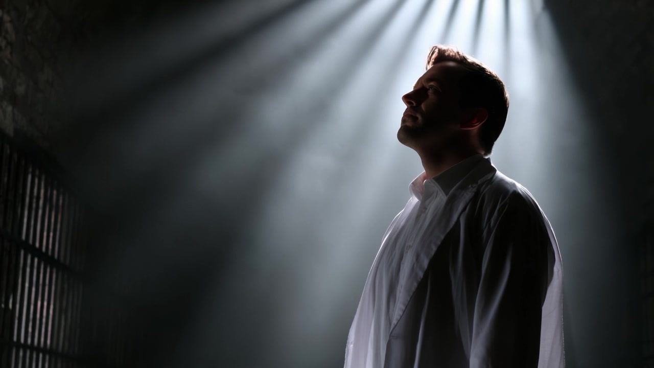 A Moment of Reflection: A Silhouetted Figure Bathed in Light Amidst Shadows in a Dimly Lit Space