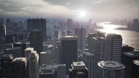 skyline aerial view at sunset with skyscrapers