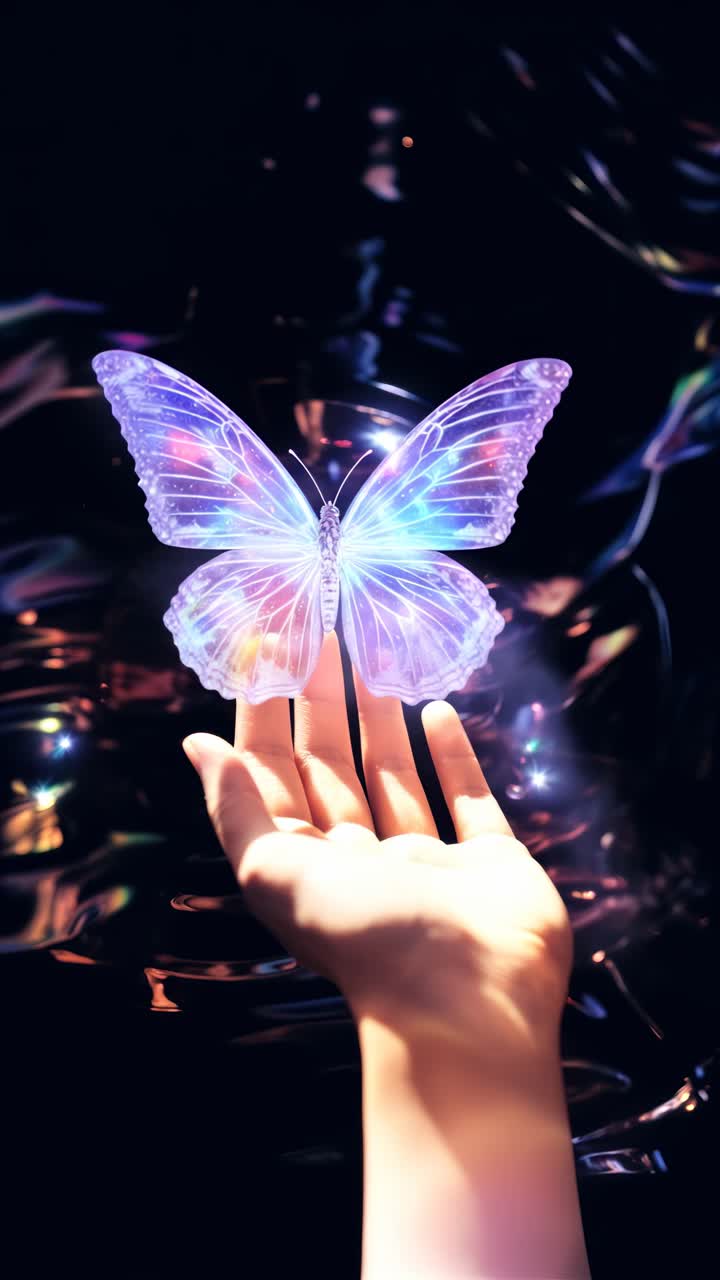 Un concetto video surreale con un'angolazione ravvicinata di una mano che tiene una farfalla luminosa su uno sfondo scuro