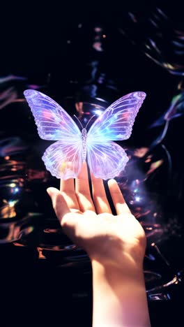 a surreal video concept with a close-up angle of a hand holding a glowing butterfly against a dark