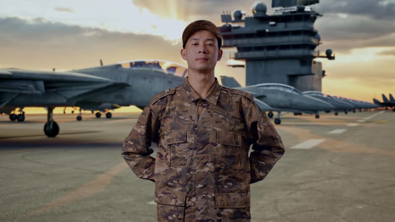 Military Personnel on Aircraft Carrier Deck at Sunset