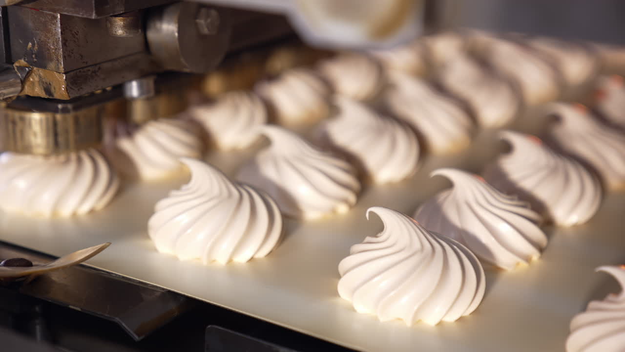 Industrial tasty marshmallow conveyor. Food sweety conveyor line.