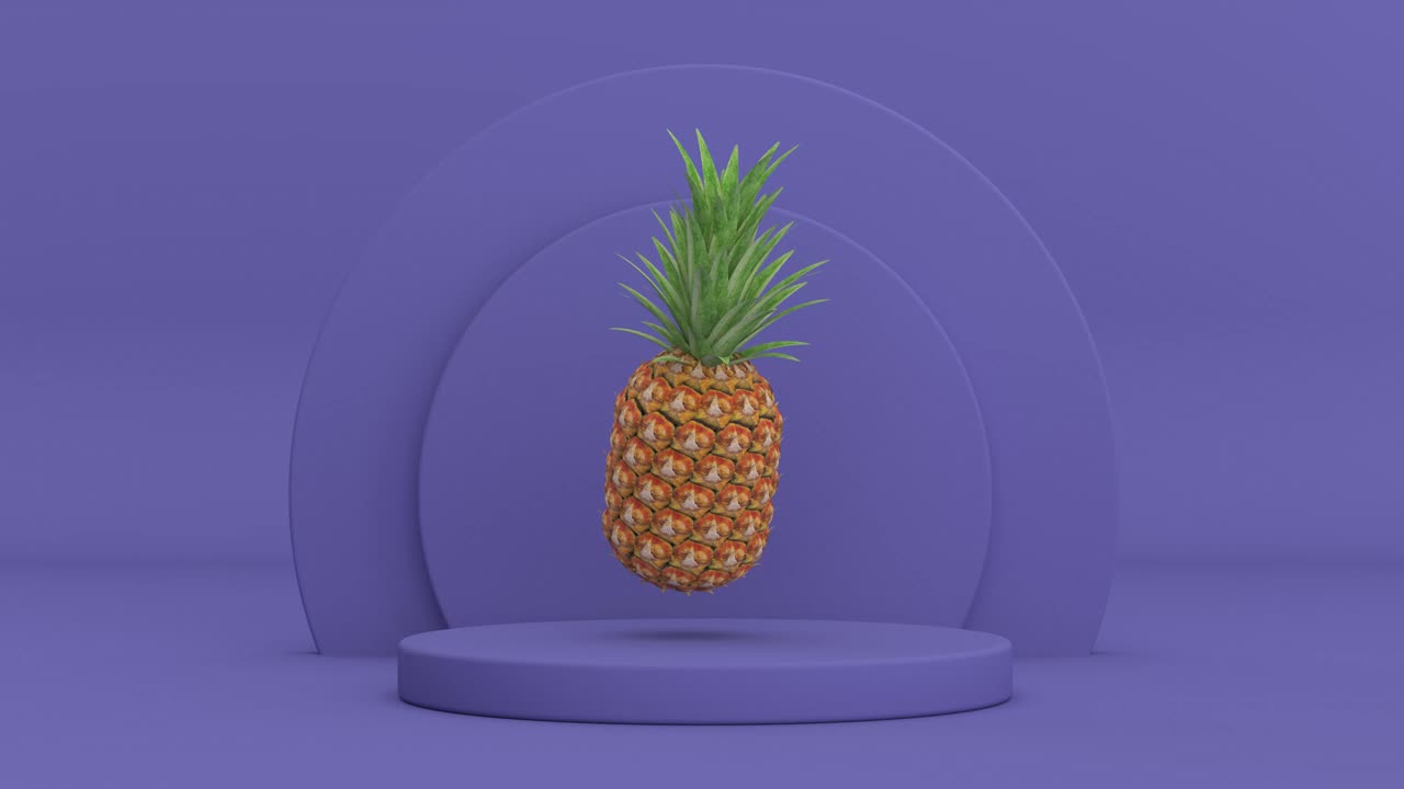 4k 해상도 비디오: 신선한 성숙한 열대 건강한 영양 파인애플 과일이 보라색 위에 회전 매우 페리 실린더 제품 무대 보라색 매우 페리 배경 루프 애니메이션