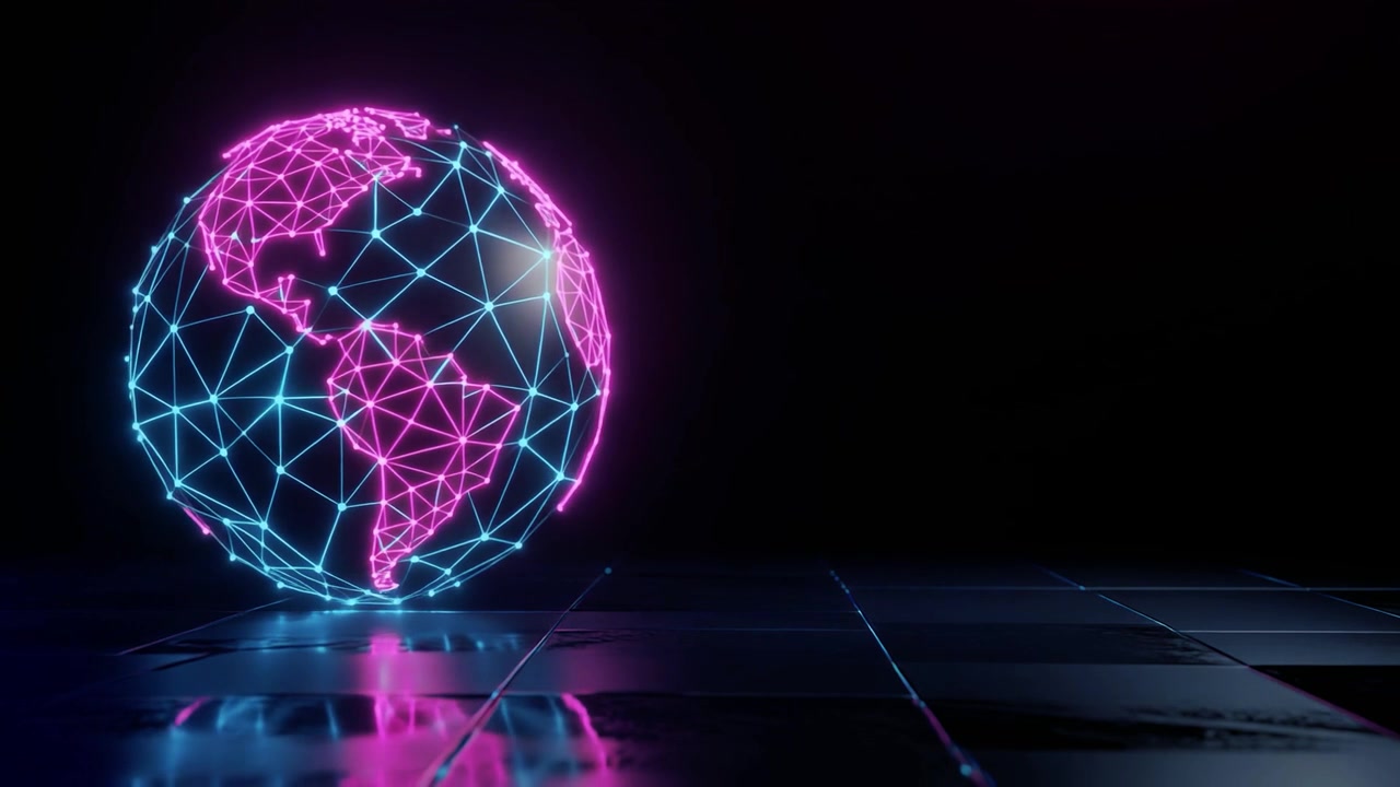 Globo terrestre wireframe luminoso al neon che ruota su una superficie riflettente