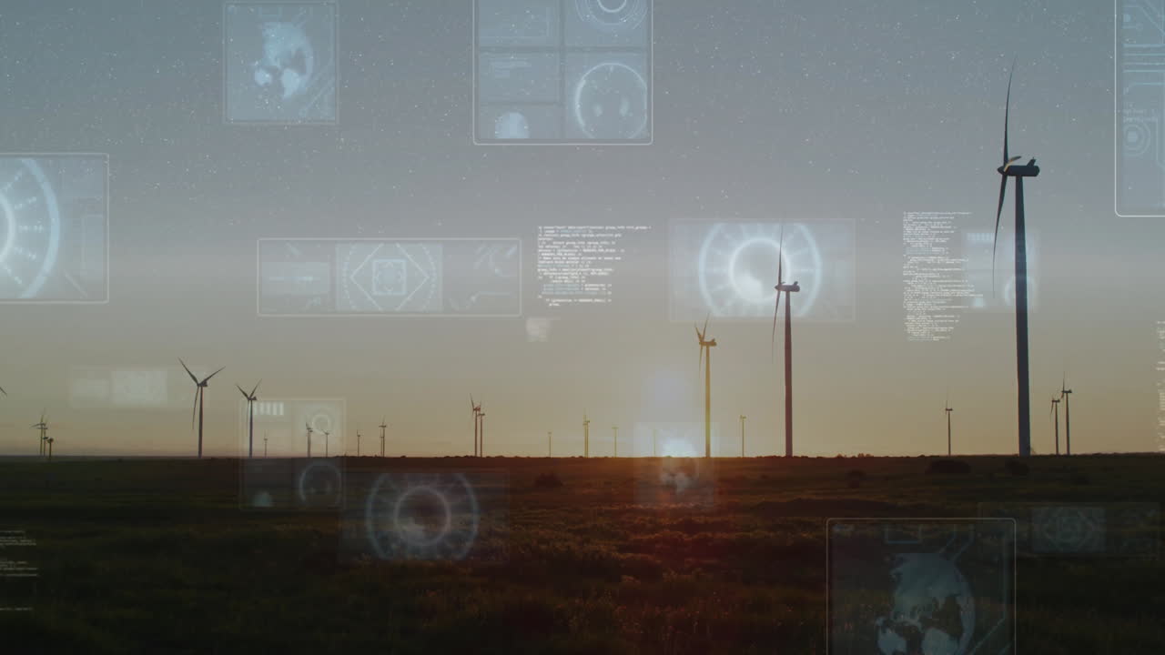 Wind turbines generating energy with data processing animation over landscape