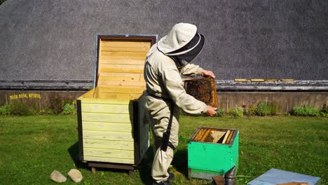 Beekeeper-in-a-full-uniform-working-and-checking-on-the-beehive