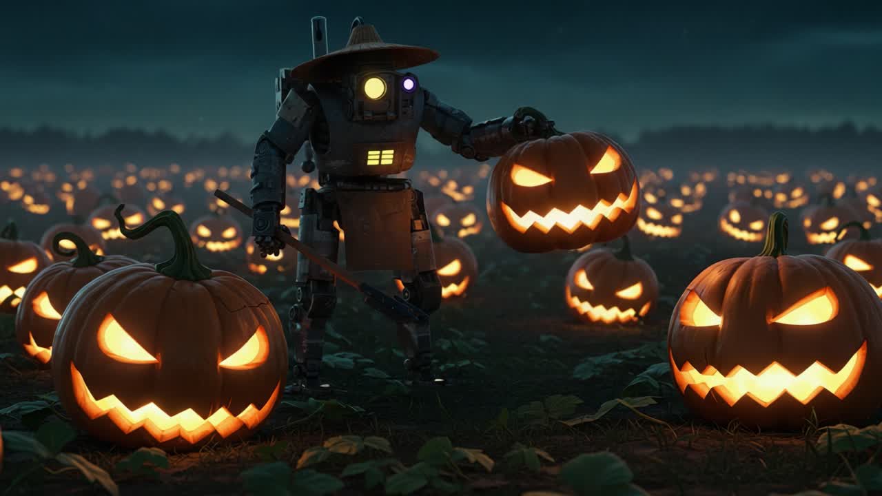A robotic scarecrow tending to a glowing pumpkin patch at night, creating a whimsical yet eerie Halloween atmosphere among the illuminated jack-o'-lanterns