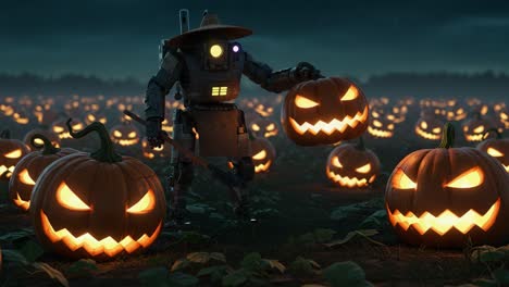 a robotic scarecrow tending to a glowing pumpkin patch at night, creating a whimsical yet eerie halloween atmosphere among the illuminated jack-o'-lanterns