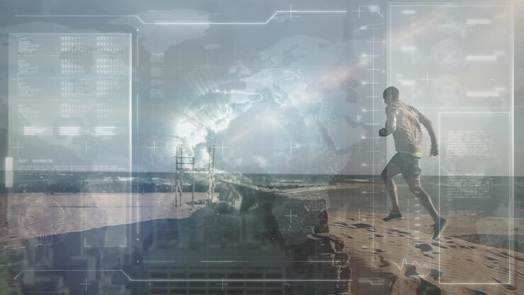 Animation of scope scanning and data processing over fit man running by seaside