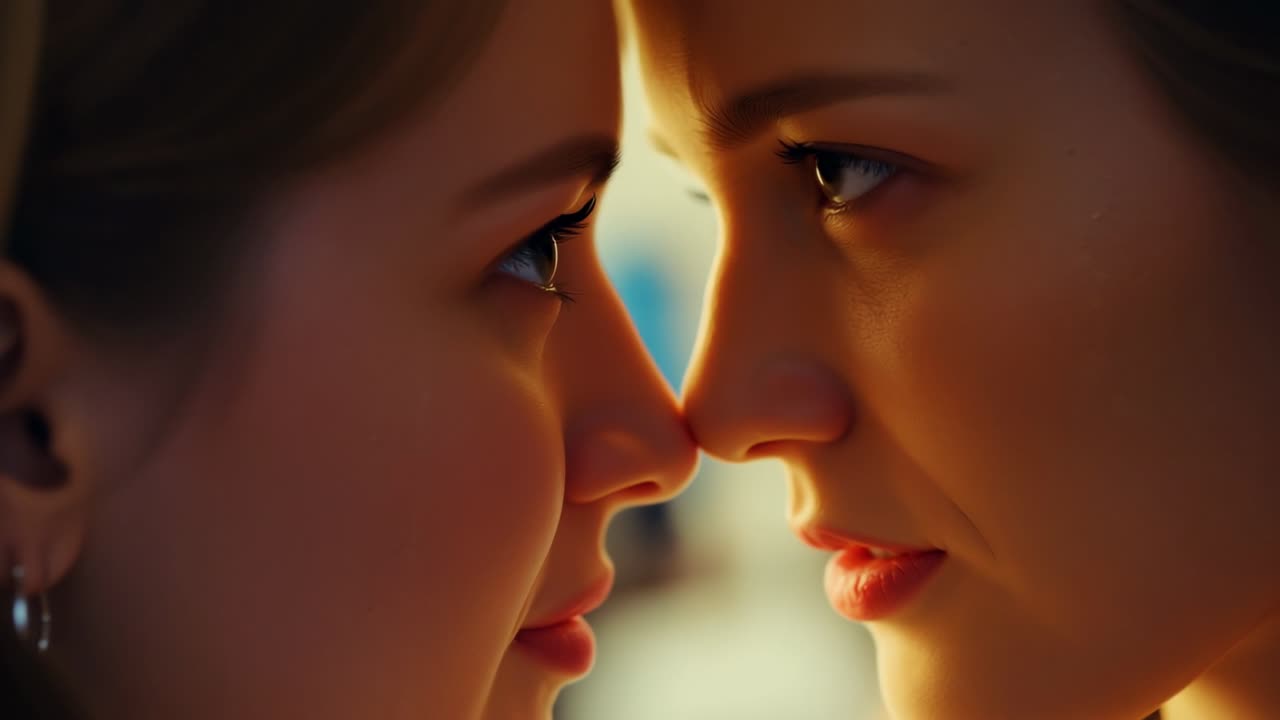 Opening close profile showing couple exchanging loving gaze in warm living room, with hoop earrings