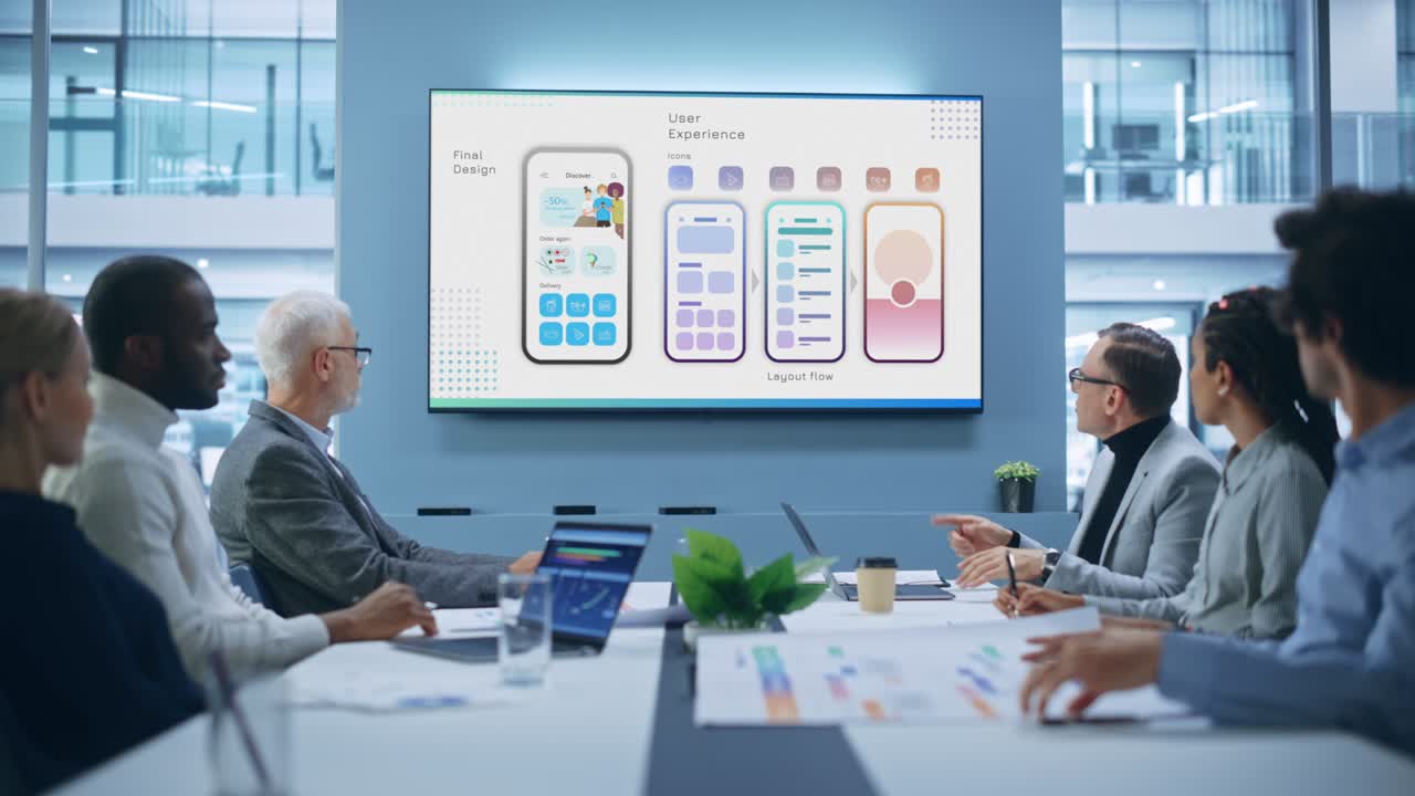 회의실 회의: 기업인, 투자자, it 엔지니어의 다민족 팀이 전자상거래, 소셜 미디어 소프트웨어, 앱 프레젠테이션, ux 작업 애니메이션, 고객 지원