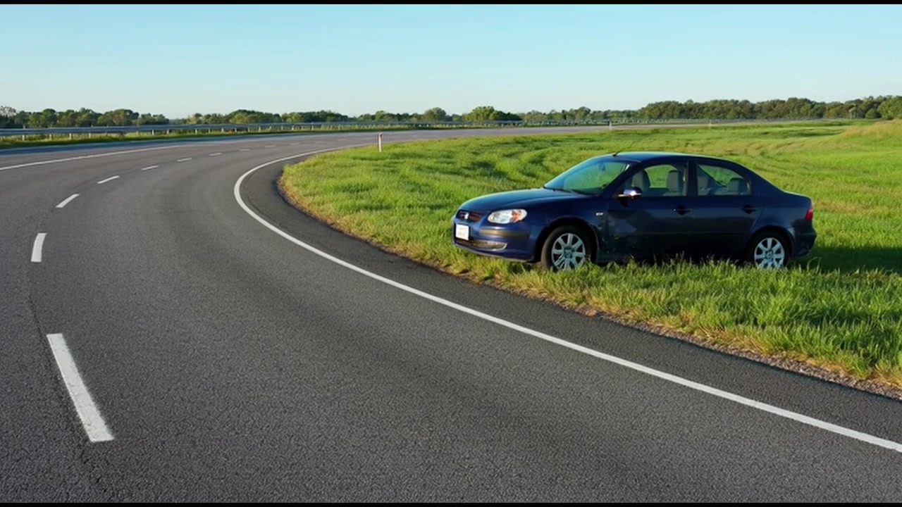 Berlina blu scuro parcheggiata sull'erba accanto a una strada curva.
