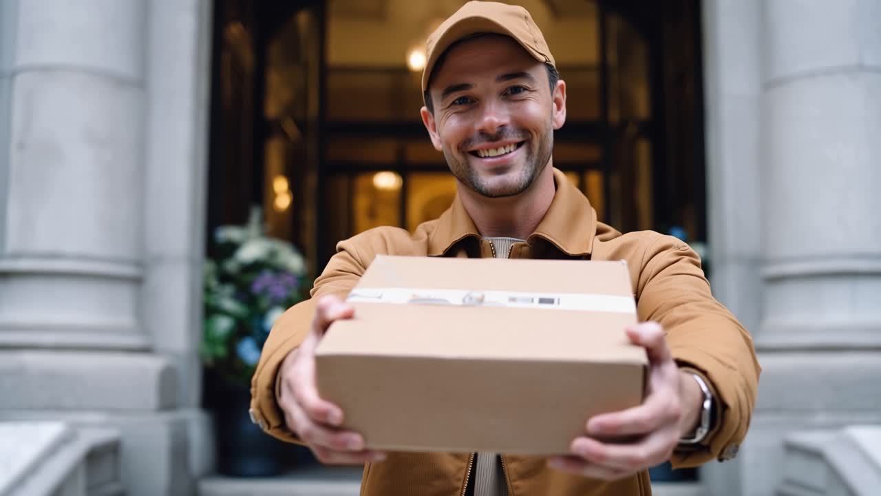 Repartidor sonriente presentando un paquete en una entrada bellamente diseñada, mostrando profesionalismo y amabilidad al interactuar con el destinatario