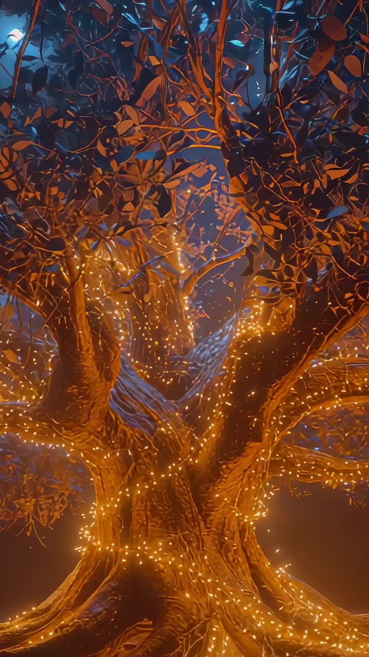 Vertical video: Starting low-angle camera ascending tree trunk with golden lights and embers