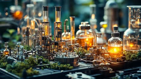 intricate laboratory setup with glowing vials and sophisticated equipment