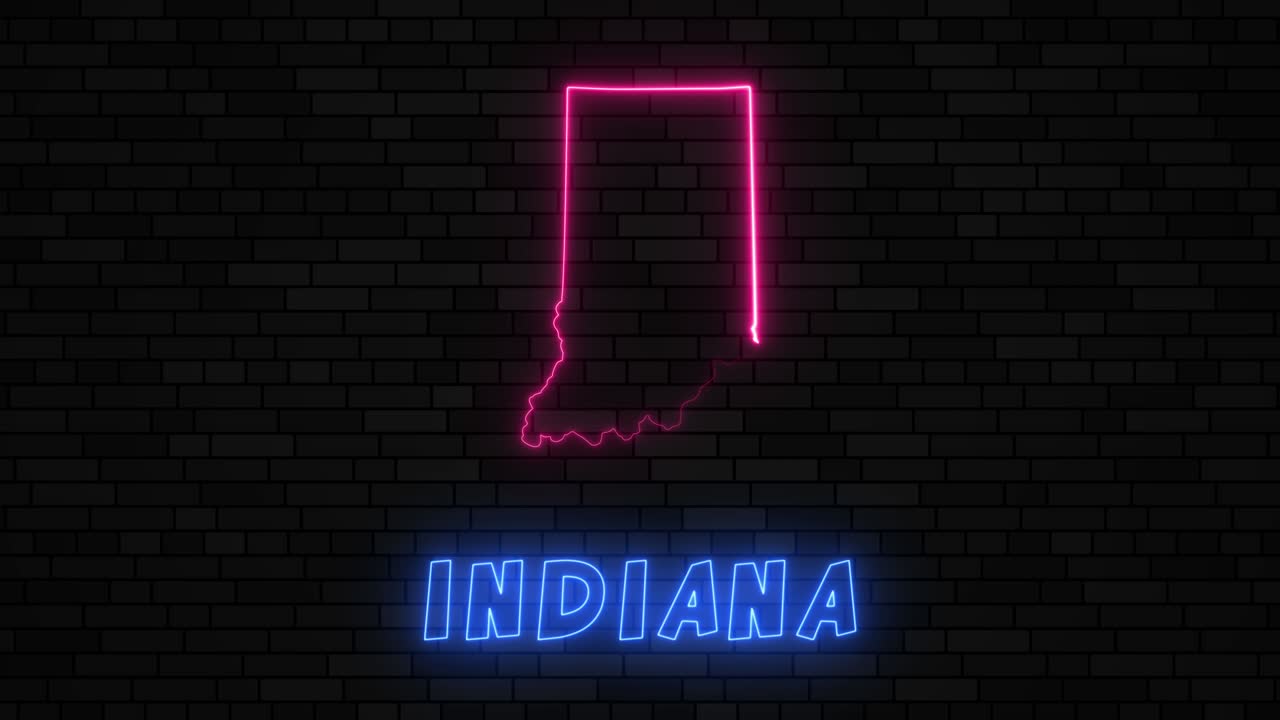 State of Indiana map silhouette with neon line on a dark brick wall background