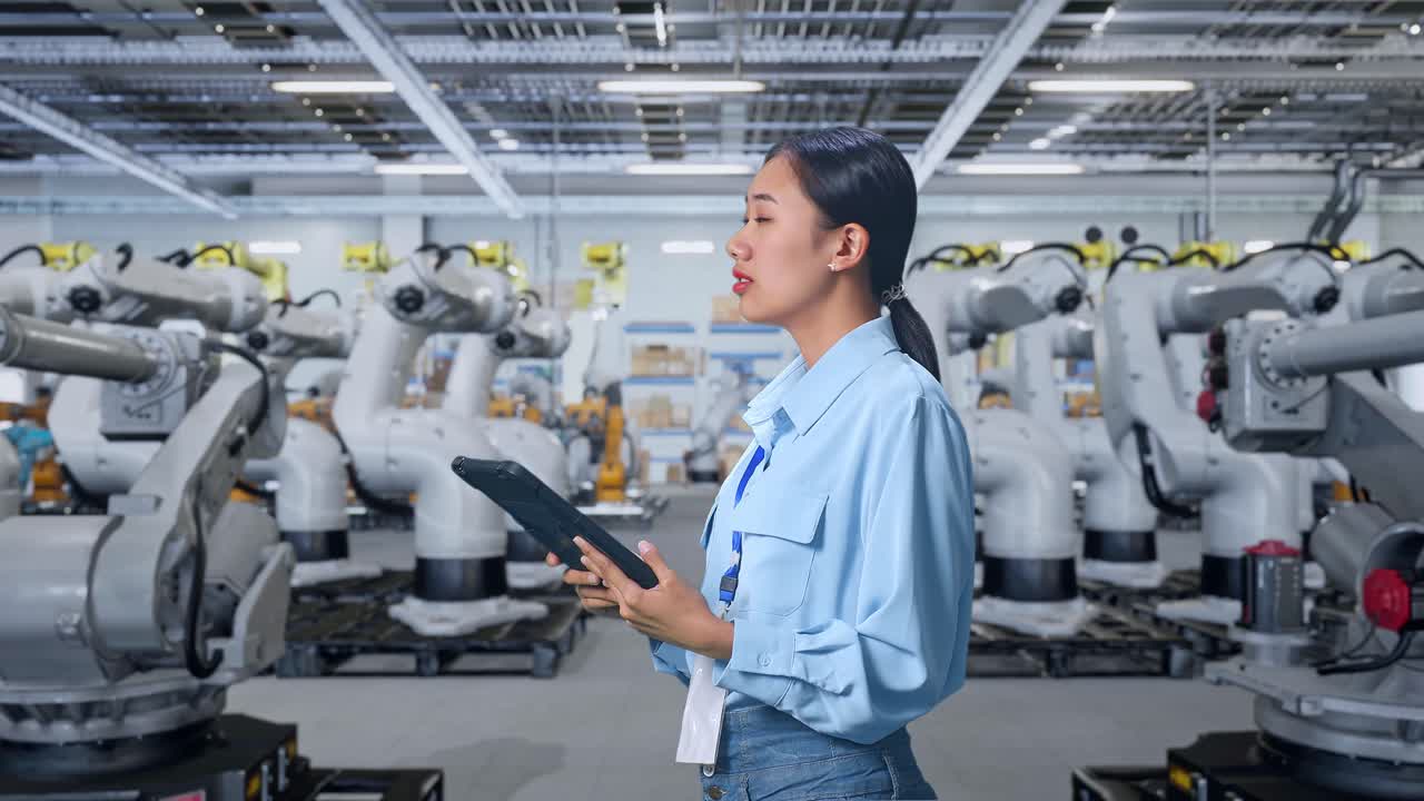 공장 에서 로 팔 을 점검 하는 여자