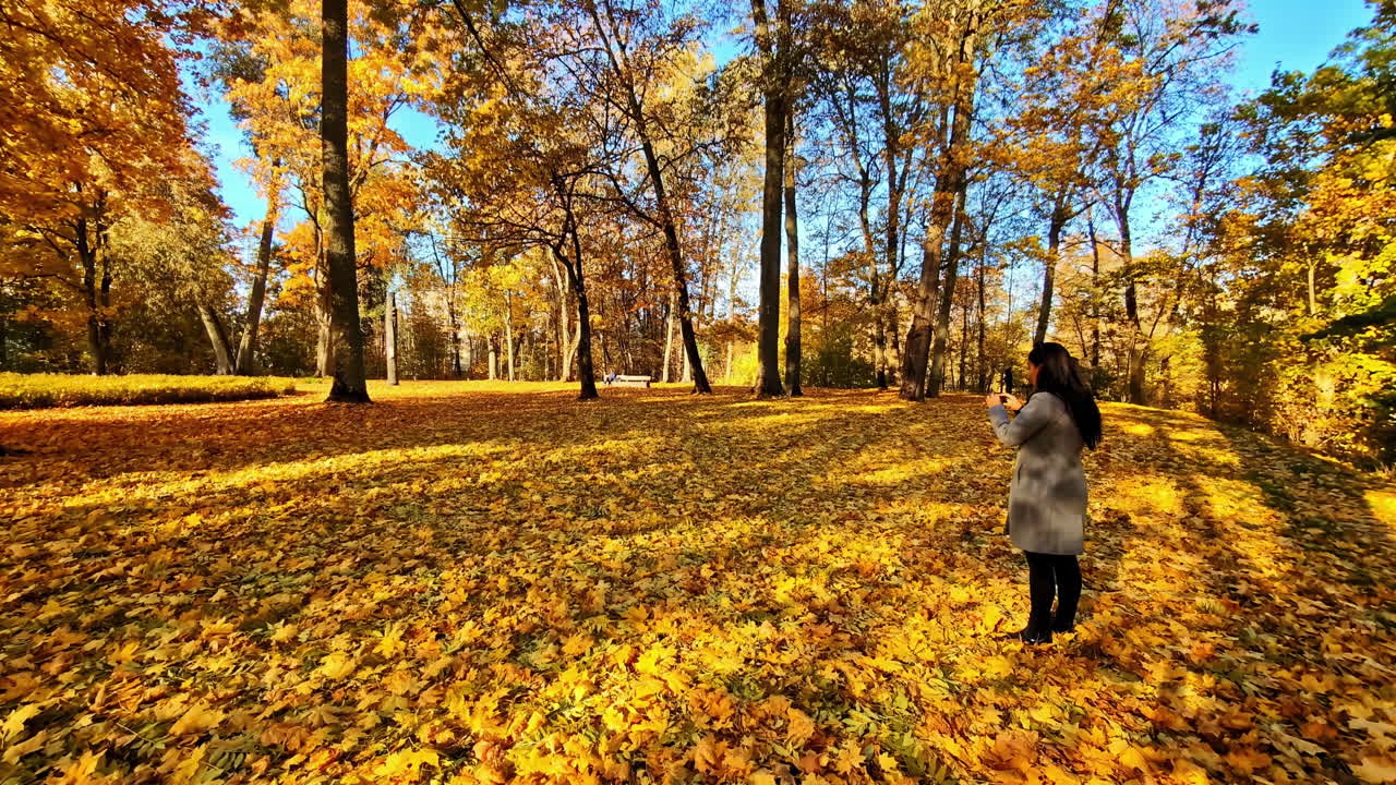 鮮やかな紅葉が広がる秋のリエルヴァルデ公園にいる女性。穏やかで色彩豊かな情景。