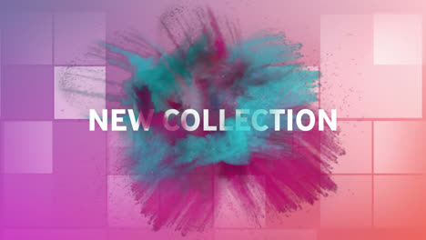 animation of new collection text over moving pink and blue clouds on pink and purple background