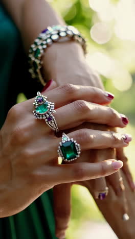 close-up of hands with ornate emerald gemstone rings
