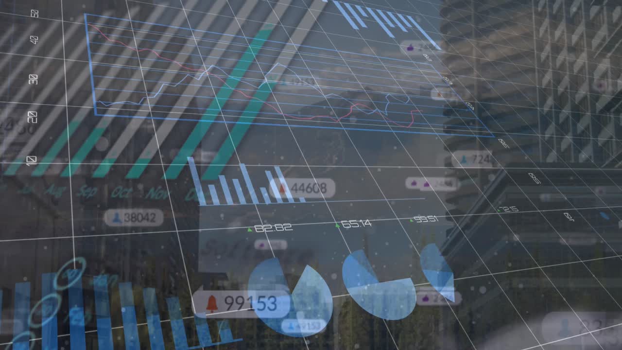 animación del procesamiento de datos financieros sobre el paisaje urbano