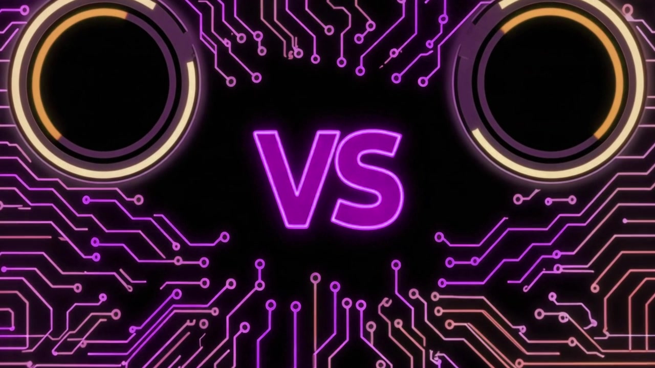 Versus-grafiikka hehkuvalla digitaalisella piirilevyn taustalla.