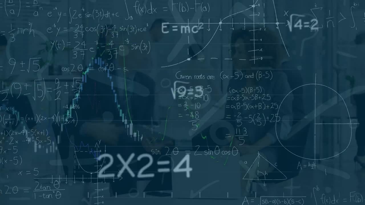 Animation of math formulas over timelapse with diverse businesspeople in office