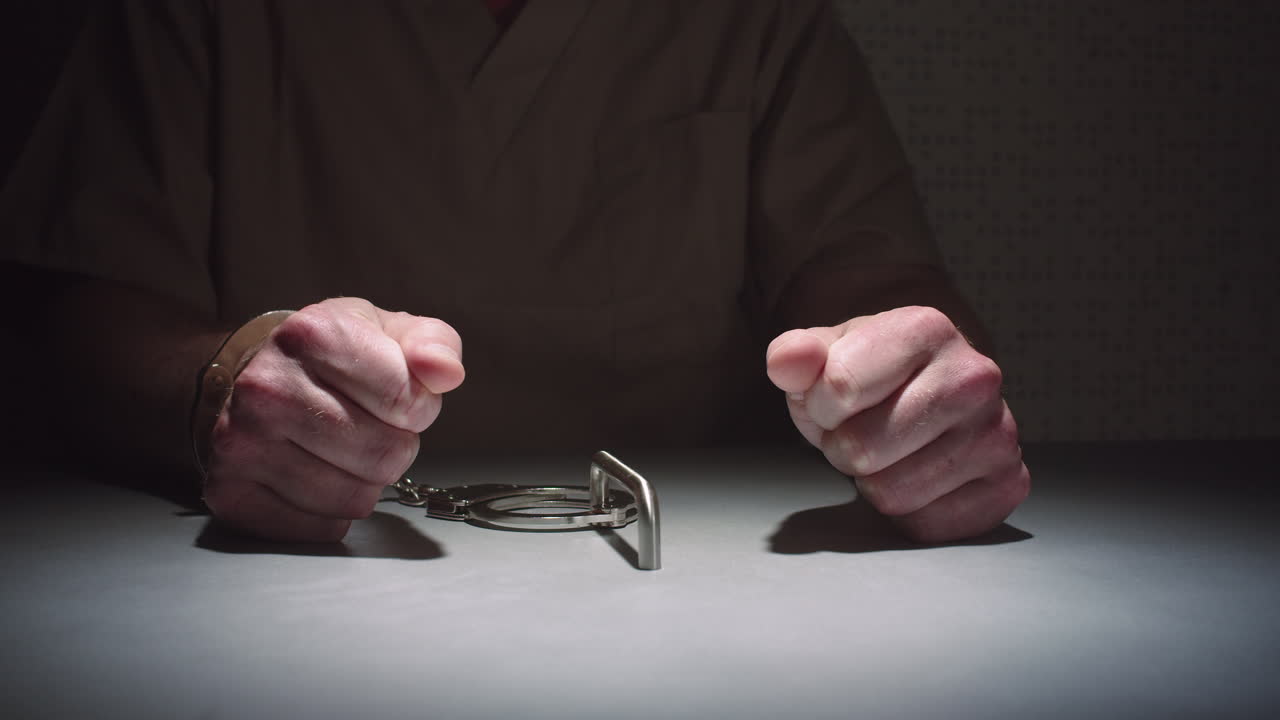 параллаксный снимок крупным планом рук заключенного, сидящего в наручниках на столе в комнате для допросов, руки сжаты в кулаки