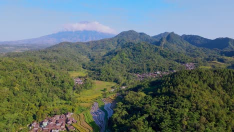 Aerial-view-of-forest,-hills,plantation-and-village-against-blue-sky