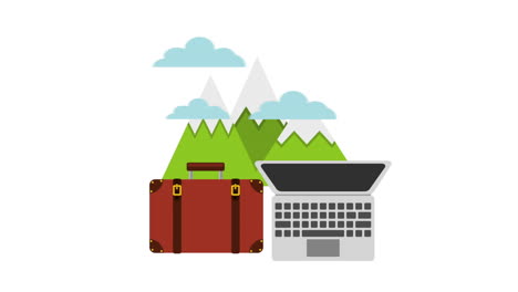 computadora portátil con animación de artículos de viaje