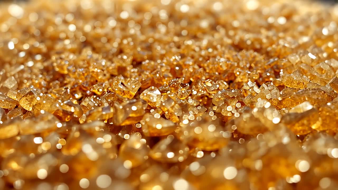 Pulling back, camera revealing faceted golden crystals in studio, exposing finer facets and bokeh