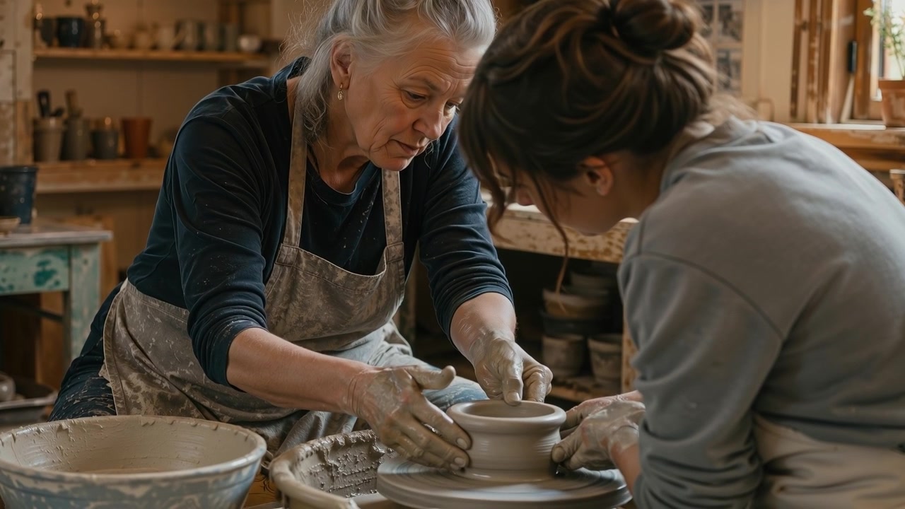 Senior pottery instructor guiding a young woman on shaping clay on a pottery wheel