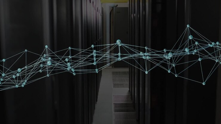 On start network mesh hovering across datacenter aisle, undulating, revealing racks for monitoring