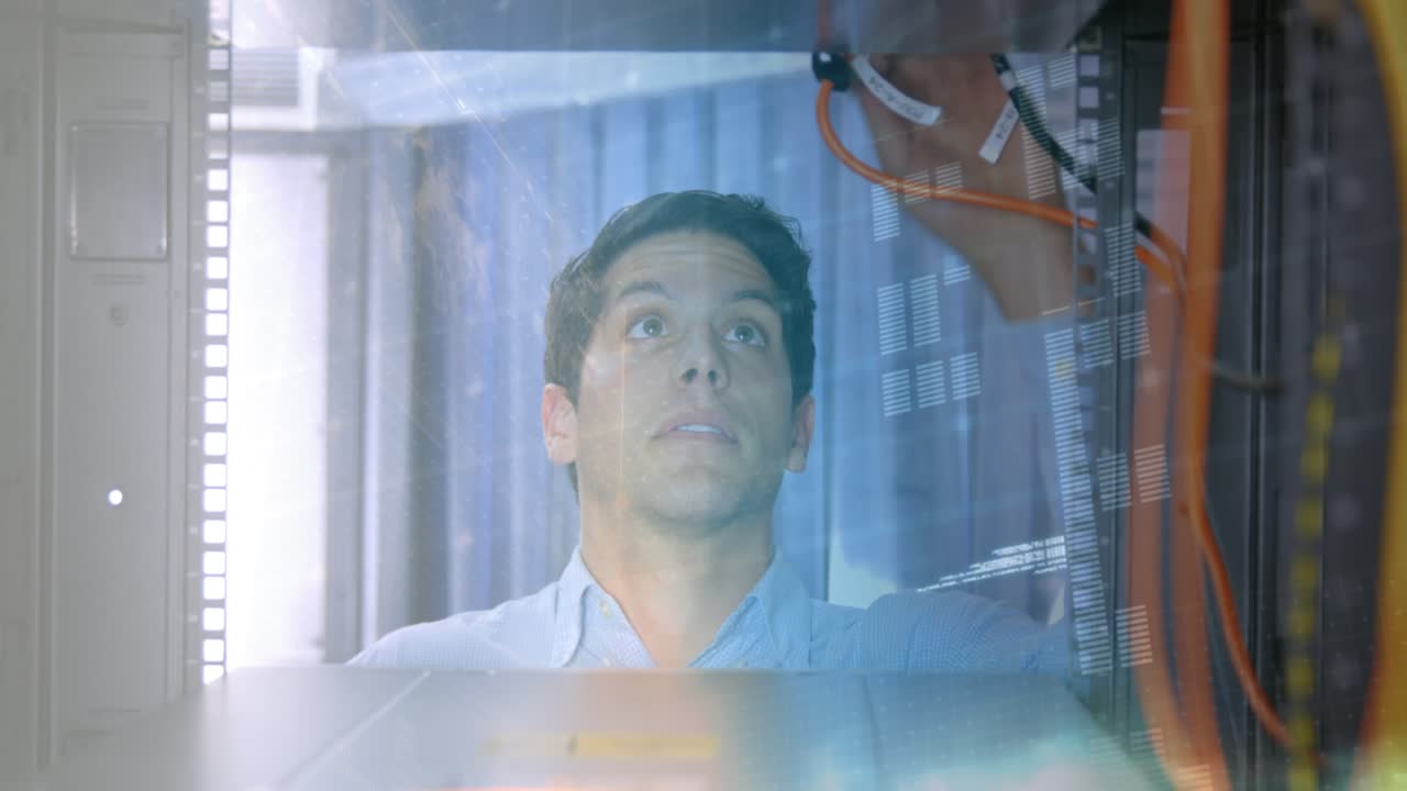 Animation of qr code over caucasian man checking servers