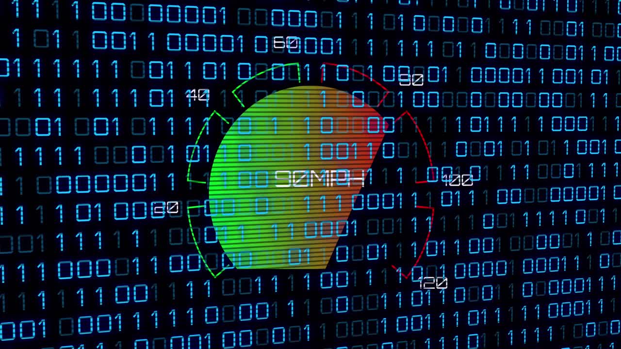 Animation of binary code over speedometer and black background