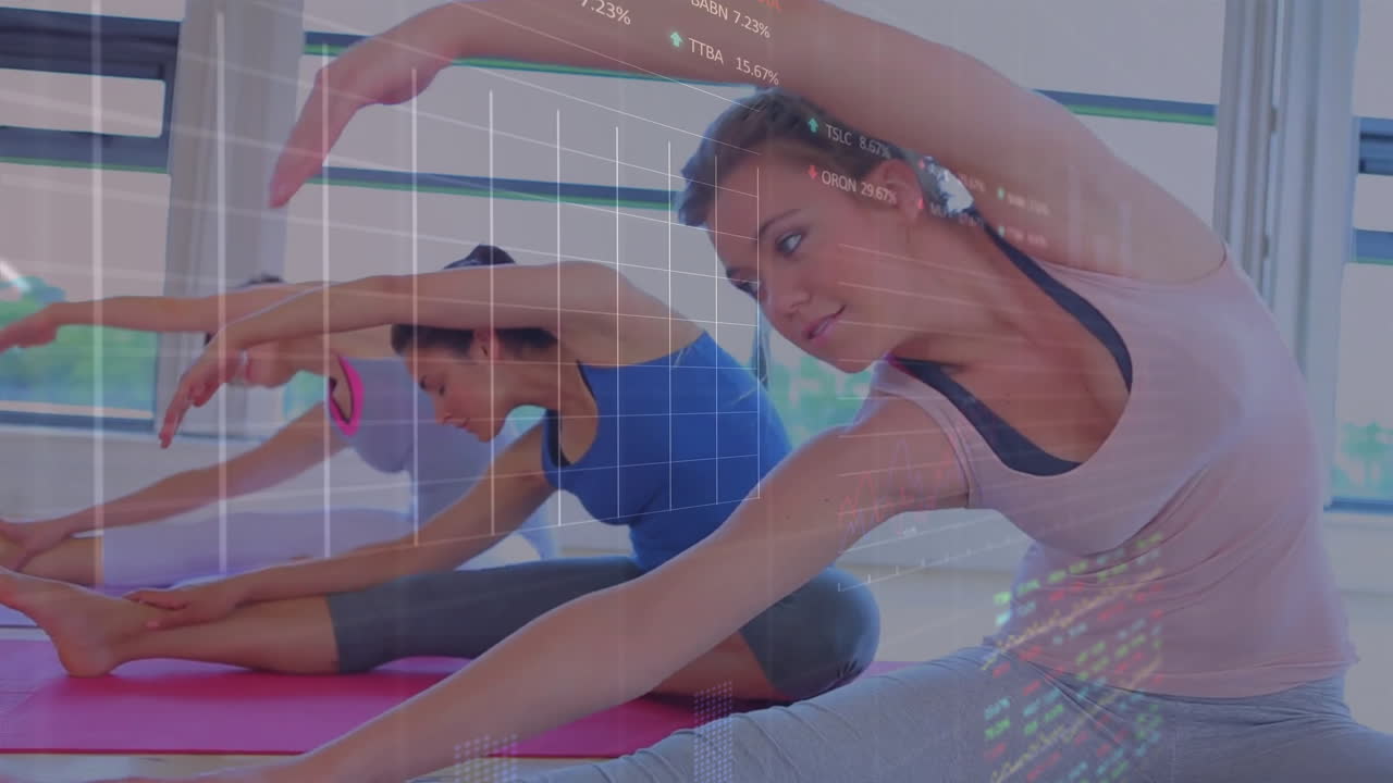 Three women practicing yoga in bright studio, showing animated line graphs for fitness analytics