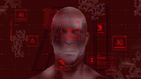 ai and cybersecurity threats over human face, including virus and malware alerts