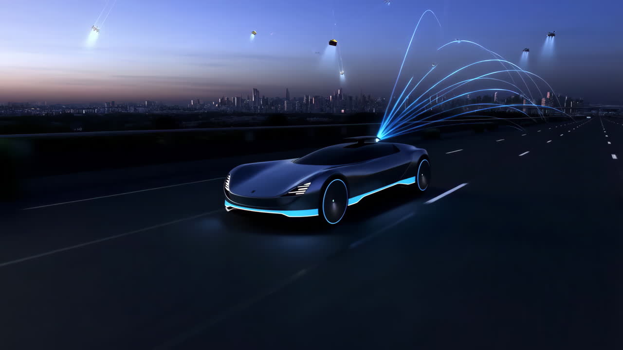 Futuristic Self-Driving Car on Highway with Drones