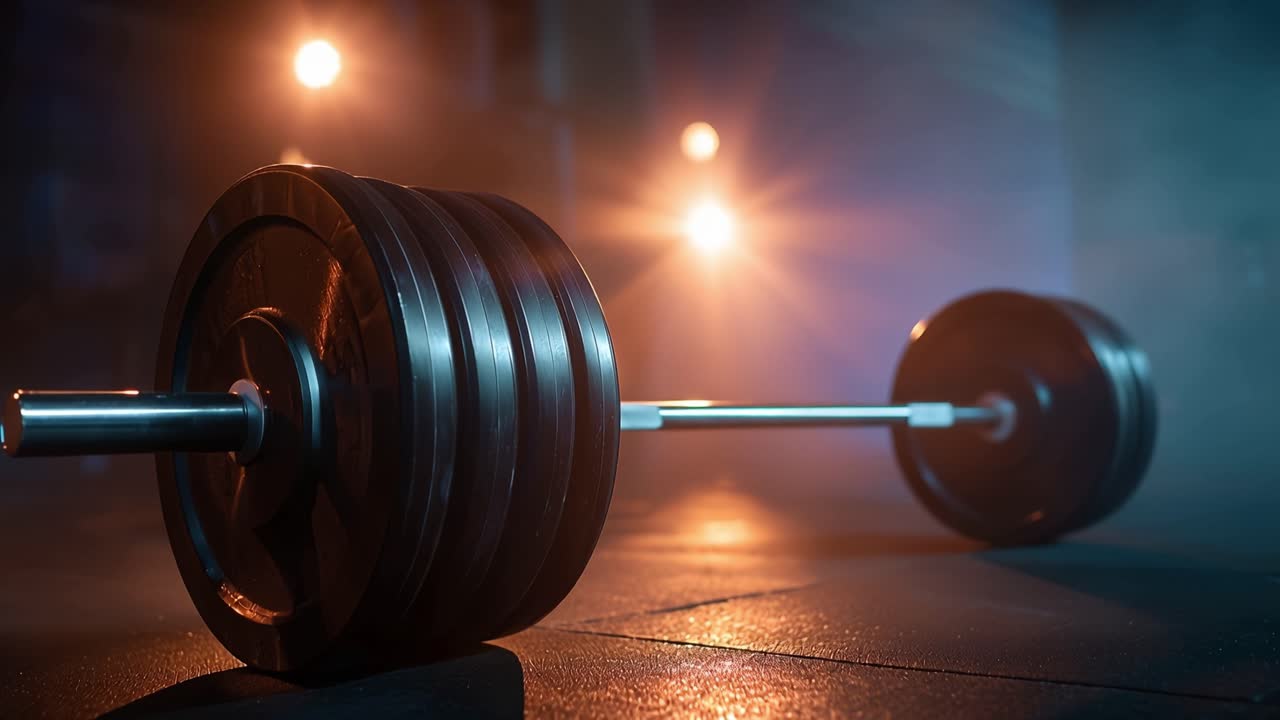 A Close-Up of a Barbell Loaded with Weights on a Gym Floor Enhanced by Dramatic Lighting and Atmospheric Effects Representing Strength and Determination