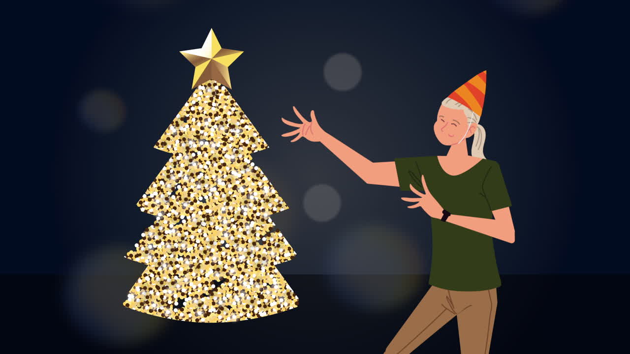 happy merry christmas animation with golden pine tree and woman celebrating