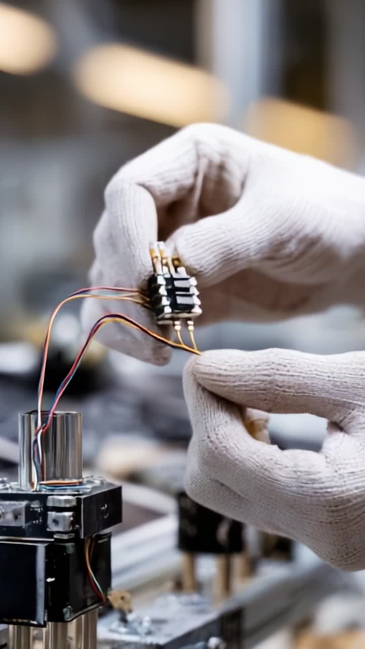 A Skilled Technician Assembles Electrical Components with Precision Using Gloves to Ensure Safety and Accuracy in a Modern Industrial Environment