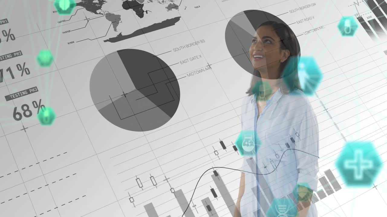 globo de iconos médicos y procesamiento de datos estadísticos contra la mujer tocando pantalla invisible