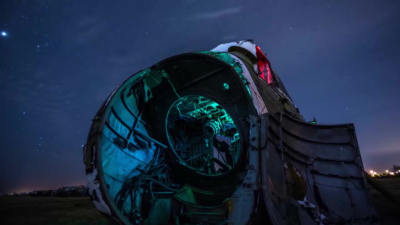 Magnifici time-lapse attraverso una discarica o cimitero di aerei abbandonati di notte