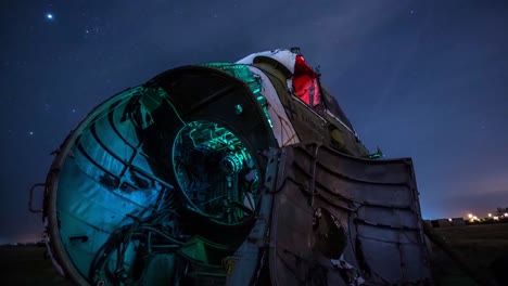 grandes tomas de lapso de tiempo a través de un depósito de chatarra o depósito de aviones abandonados en la noche