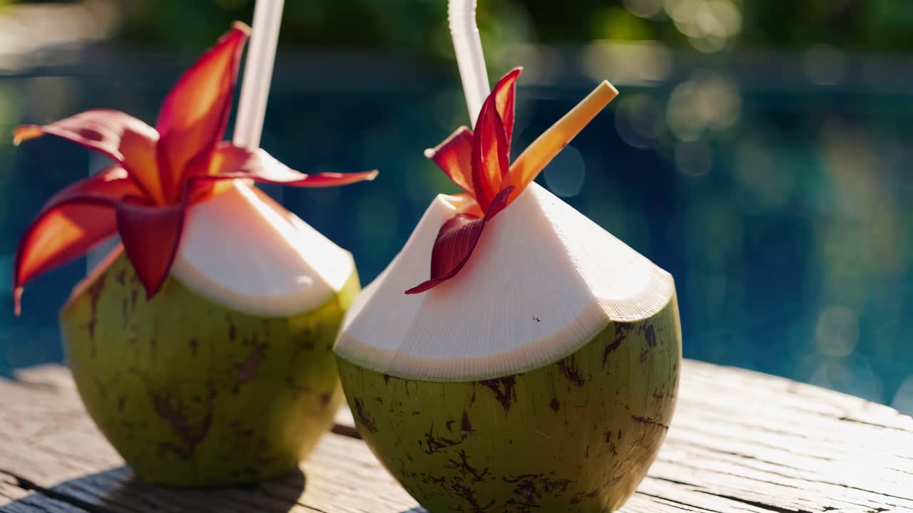 Close-up of two coconuts with flowers and straws by a pool, captured at eye level