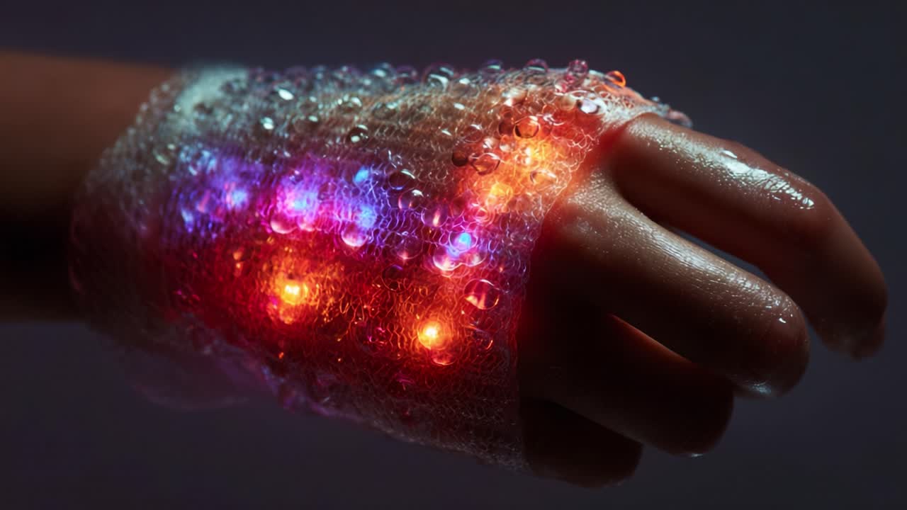 A close-up view of a hand encased in a translucent bubble-like substance, illuminated with vibrant, colorful lights, creating a captivating glow and aura of intrigue and creativity