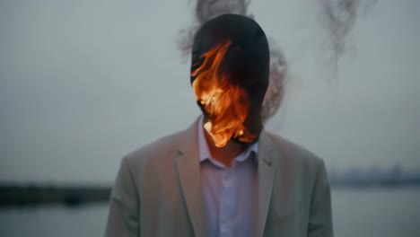 Businessman wearing burning mask depicting workplace stress, psychological pressure, hidden emotions revealing burnout through surreal artistic expression against blurred backdrop